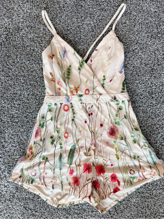 Selfie Leslie Pants - Selfie Leslie Cream Floral Embroidered Satin Romper